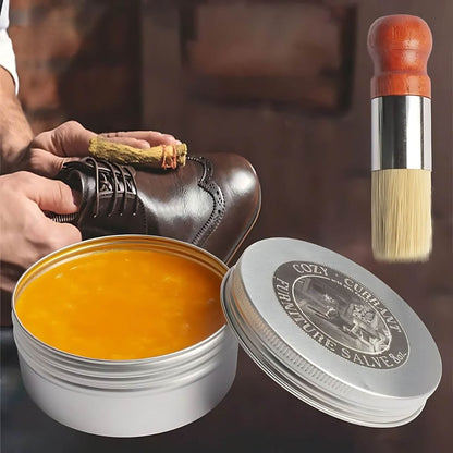 Natural Wax Leather Conditioner Balm with Wooden Applicator Brush for Furniture Upholstery Car Seats Jackets Bags Restores Shine Softens Hid