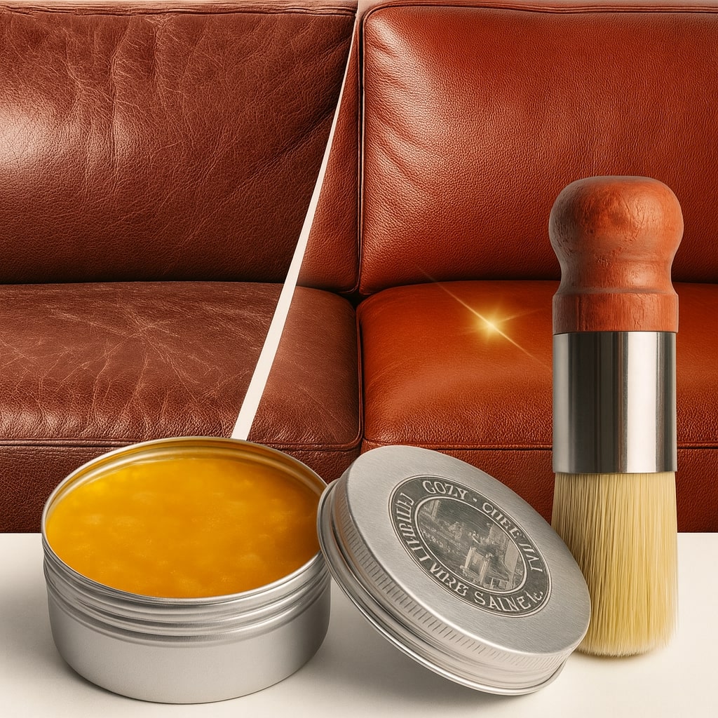 Natural Wax Leather Conditioner Balm with Wooden Applicator Brush for Furniture Upholstery Car Seats Jackets Bags Restores Shine Softens Hid