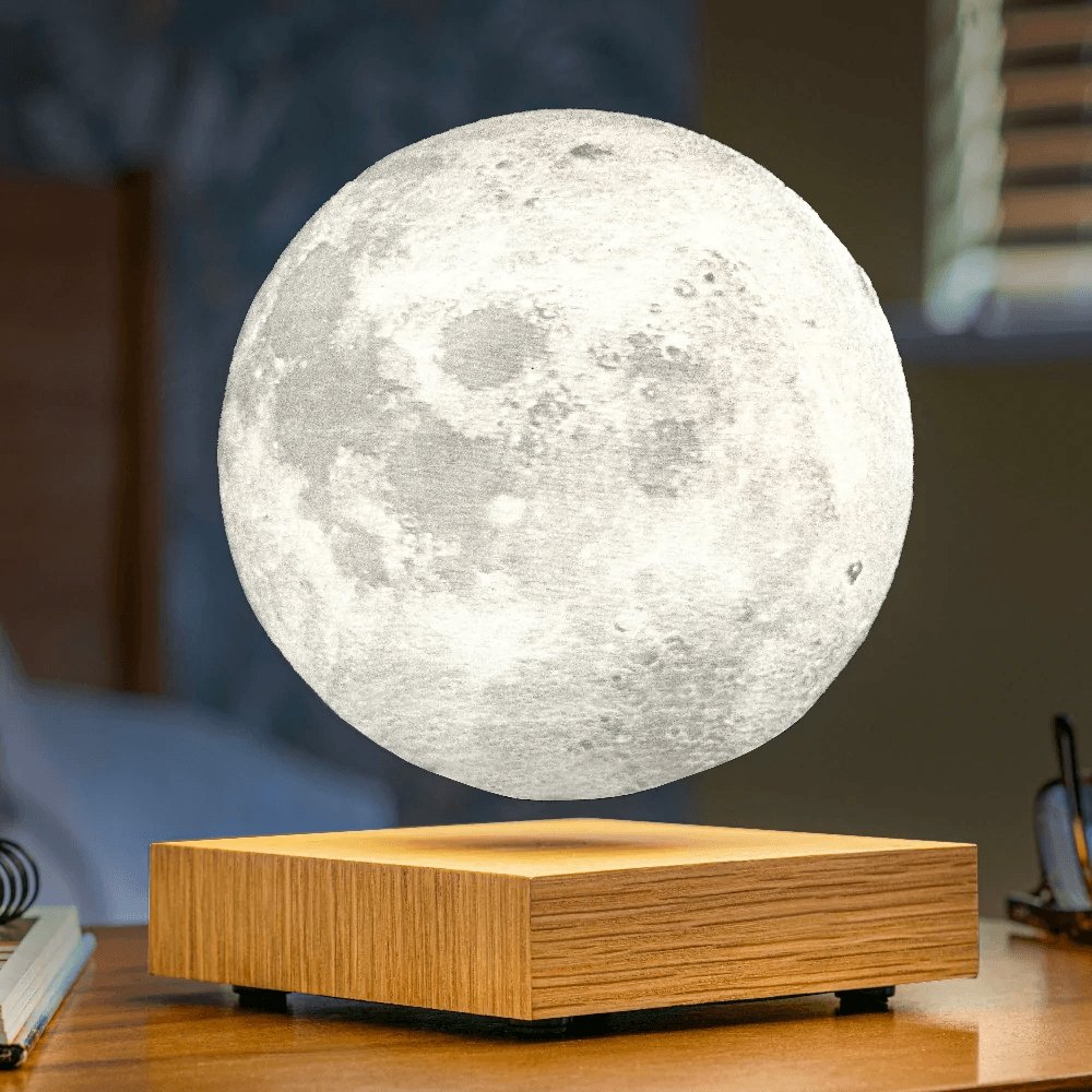 Magnetic Floating Moon Night Light 6 Inch 3D Surface Rotating Lunar Sphere Wood Stand Ambient Bedroom Lamp Dual Color LED Glow