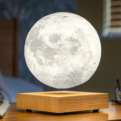 Magnetic Floating Moon Night Light 6 Inch 3D Surface Rotating Lunar Sphere Wood Stand Ambient Bedroom Lamp Dual Color LED Glow