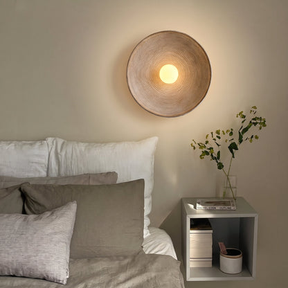 Round Wood & Resin Wall Sconce Light – LED Compatible E27 Socket – Minimalist Asian-Inspired Design for Living Room, Dining Room, Bar – 8
