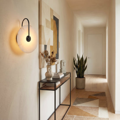 Natural Alabaster LED Wall Sconce – Stone Circle Light with Black or Gold Frame – Warm Glow Accent Lamp for Bedroom Hallway Living Room