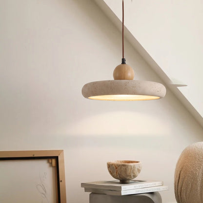 Travertine Stone & Wood Pendant Light – LED Ceiling Lamp for Dining Room, Kitchen Island & Bar – Scandinavian Minimalist Design