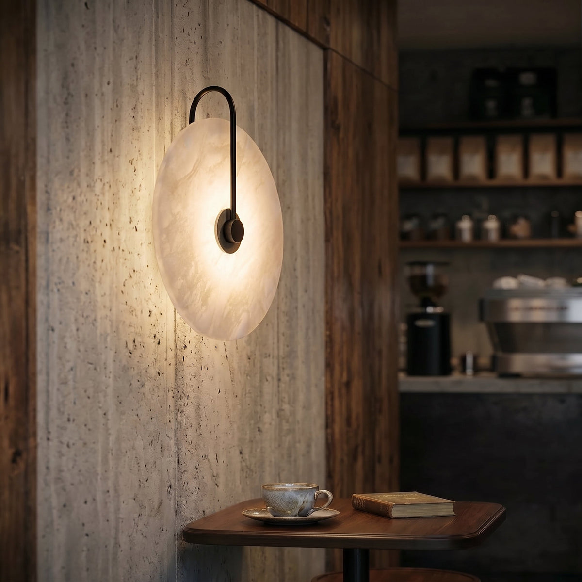 Natural Alabaster LED Wall Sconce – Stone Circle Light with Black or Gold Frame – Warm Glow Accent Lamp for Bedroom Hallway Living Room