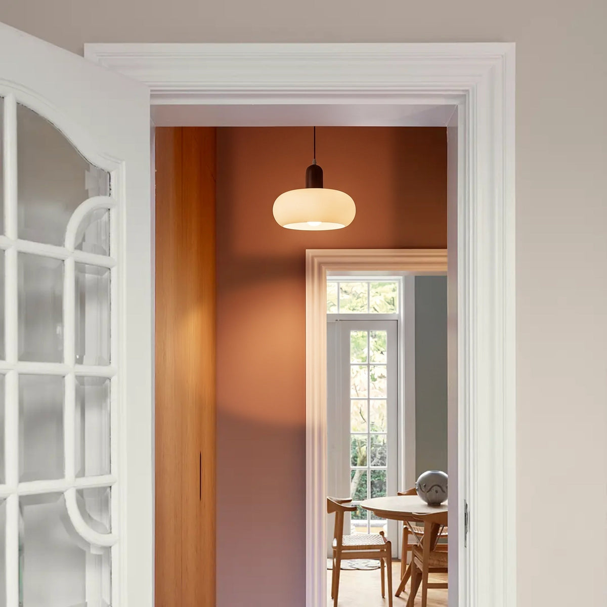 Pendant Light Ceiling Fixture with Cream Shade and Wood Accent for Dining Room, Kitchen Island, Bar Area & Living Space