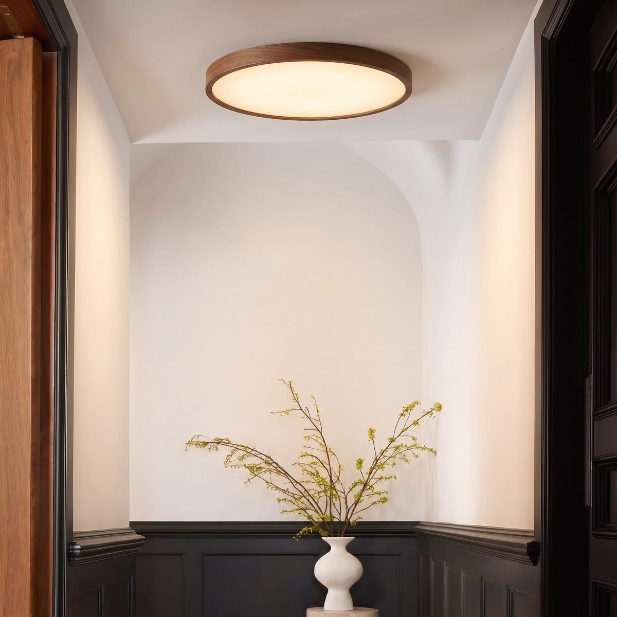 Wooden Flush Mount Ceiling Light Fixture – Natural Dark Grain Round LED Ceiling Lamp for Living Room Dining Room – Scandinavian Nordic