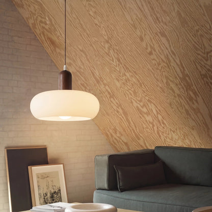 Pendant Light Ceiling Fixture with Cream Shade and Wood Accent for Dining Room, Kitchen Island, Bar Area & Living Space