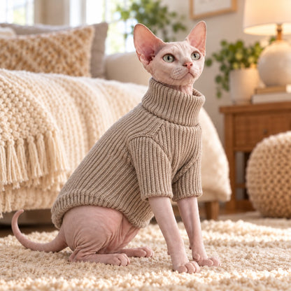 Ortekor Cozy Cat Turtleneck Sweater & Sherpa Vest Set - Cool-Weather Indoor Layers for Hairless & Short-Haired Cats