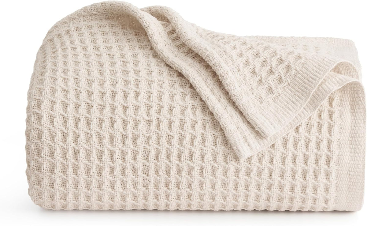 100% Cotton Waffle Weave Throw Blanket Queen King Breathable Lightweight Bed Cover for All Seasons Couch Sofa Bedroom Layering Textured