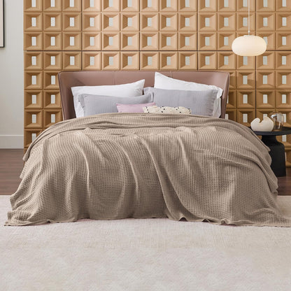 100% Cotton Waffle Weave Throw Blanket Queen King Breathable Lightweight Bed Cover for All Seasons Couch Sofa Bedroom Layering Textured