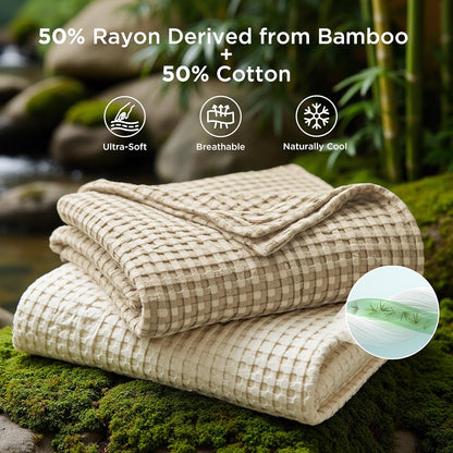Cozy Haven | Cooling Waffle Queen Blanket with Lightweight Cotton & Bamboo | Soft Summer Throw for Hot Sleepers