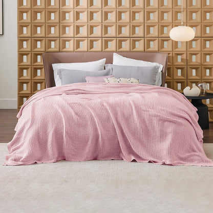 100% Cotton Waffle Weave Throw Blanket Queen King Breathable Lightweight Bed Cover for All Seasons Couch Sofa Bedroom Layering Textured