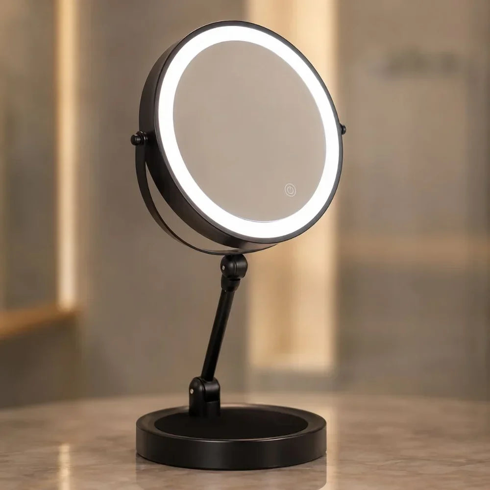 Dual-Sided Vanity Mirror 10x Magnification LED Rechargeable Touch Control Tabletop Cosmetic Mirror 360° Rotating Desktop for Makeup