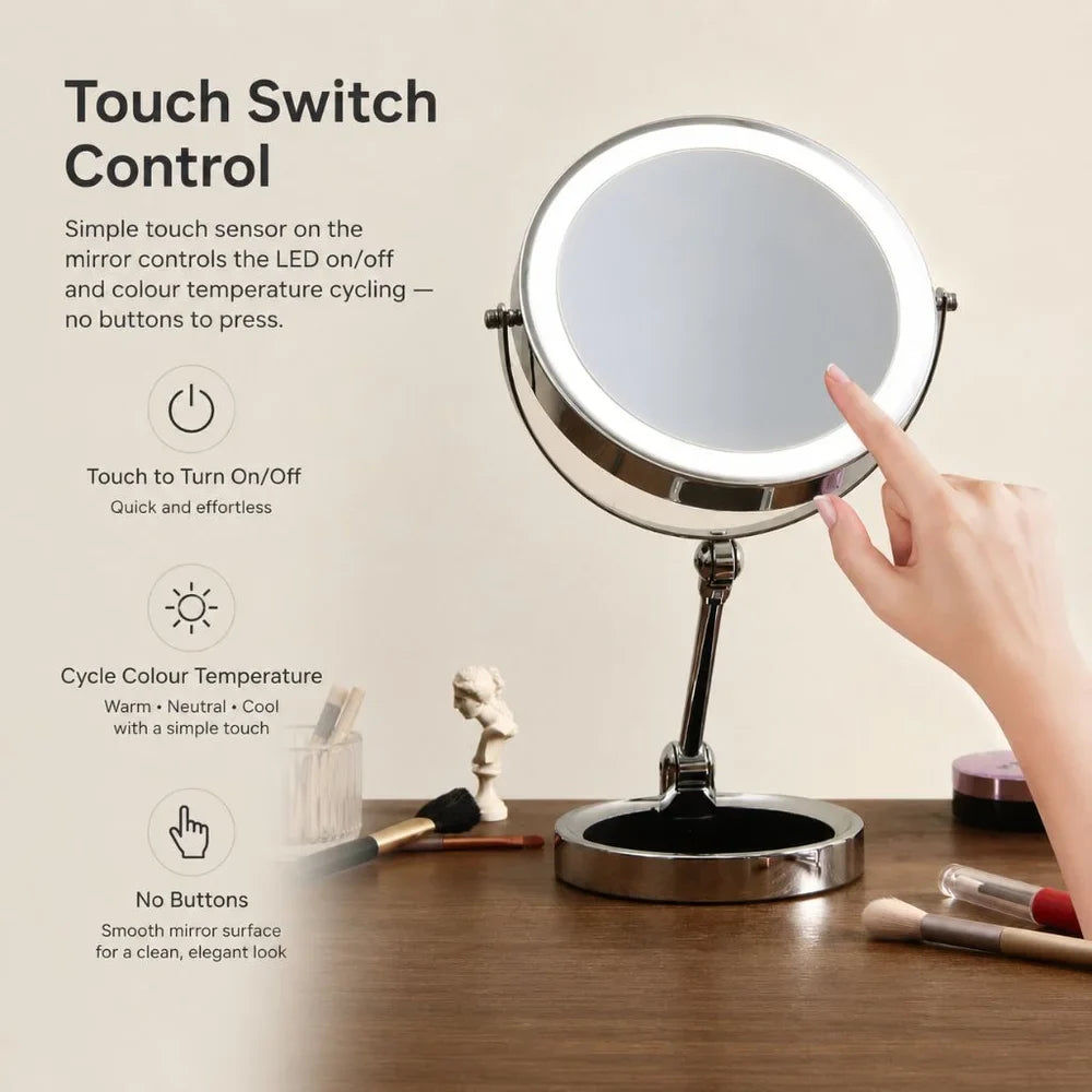 Dual-Sided Vanity Mirror 10x Magnification LED Rechargeable Touch Control Tabletop Cosmetic Mirror 360° Rotating Desktop for Makeup