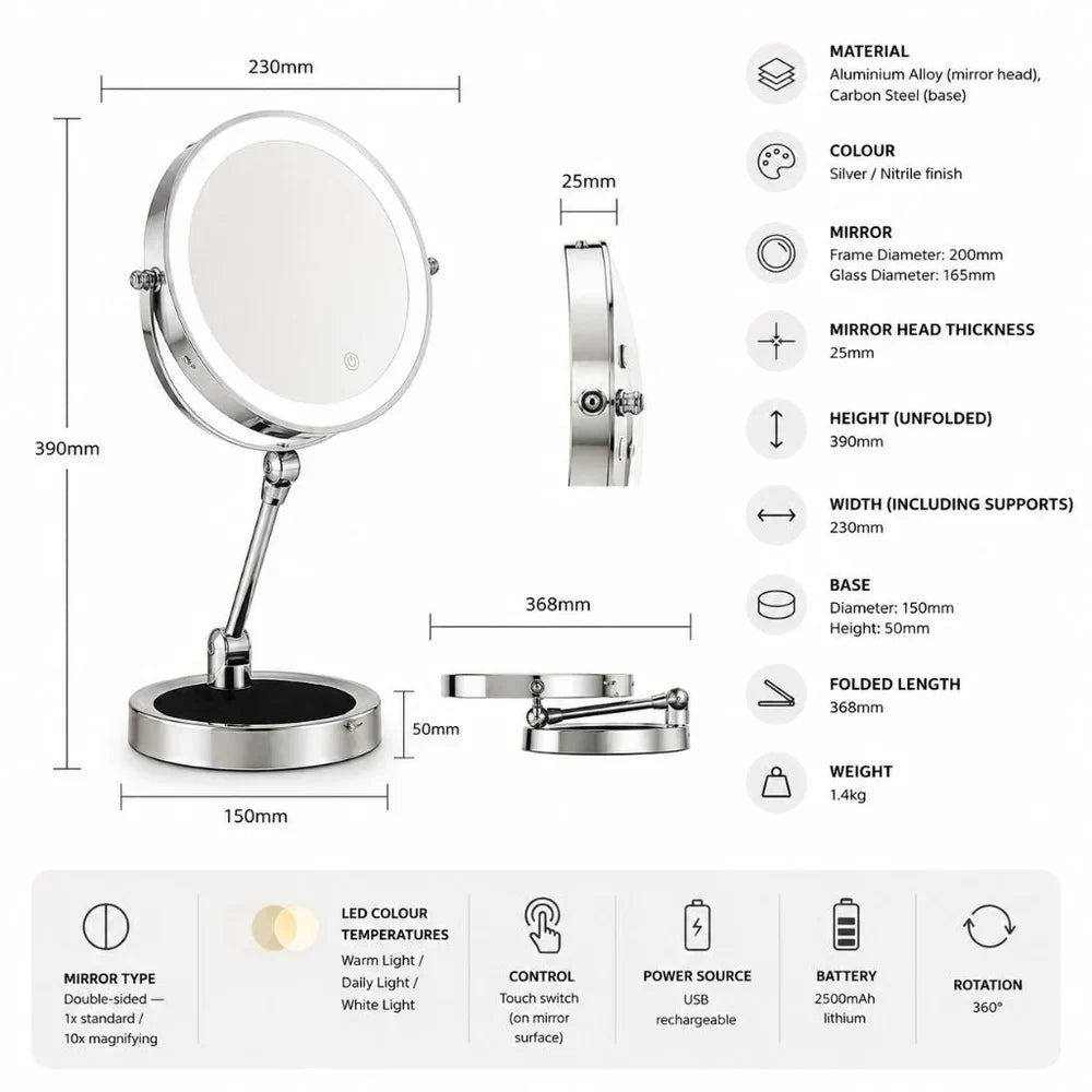 Dual-Sided Vanity Mirror 10x Magnification LED Rechargeable Touch Control Tabletop Cosmetic Mirror 360° Rotating Desktop for Makeup