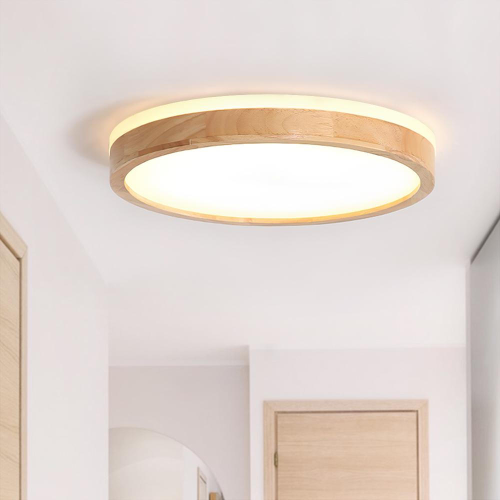 Dimmable Hardwired Ceiling Light Fixture Wood Rim Acrylic Shade 5-Color Temperature Adjustable LED Module for Kitchen Bedroom Living Room