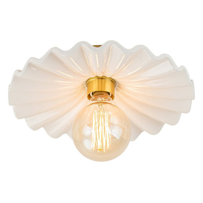 Textured Ceramic Semi-Flush Mount Light 12 Inch Cream with Brass Accent for Low Ceilings Bedroom Hallway Bathroom Dimmable E26 Socket Retro