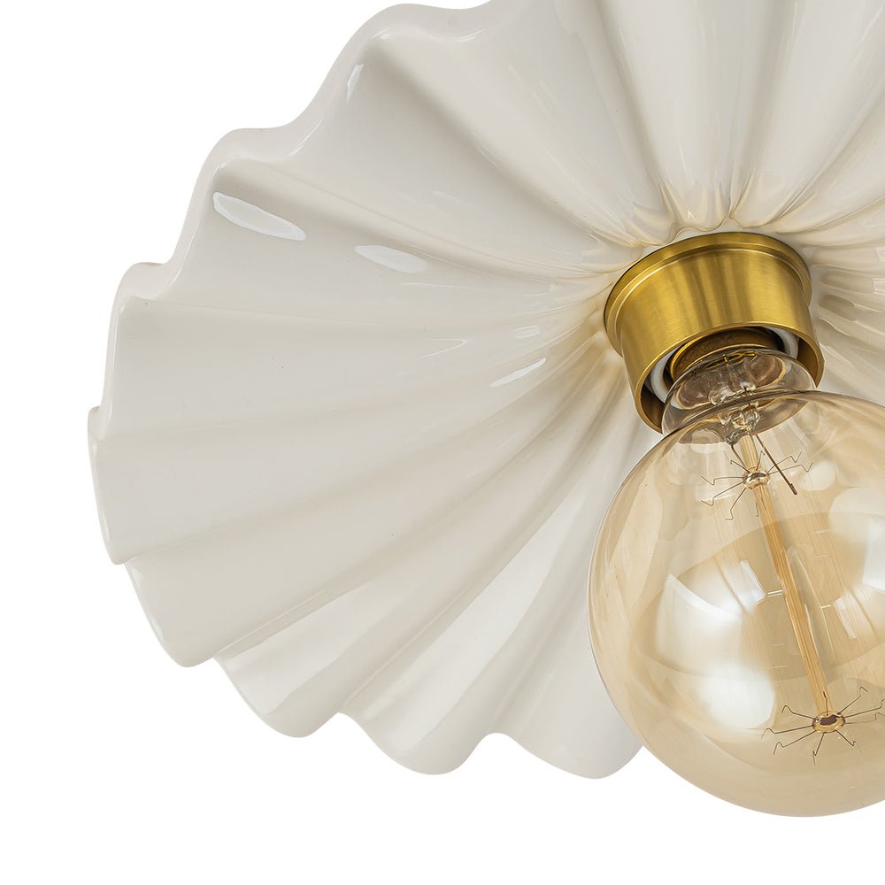 Textured Ceramic Semi-Flush Mount Light 12 Inch Cream with Brass Accent for Low Ceilings Bedroom Hallway Bathroom Dimmable E26 Socket Retro