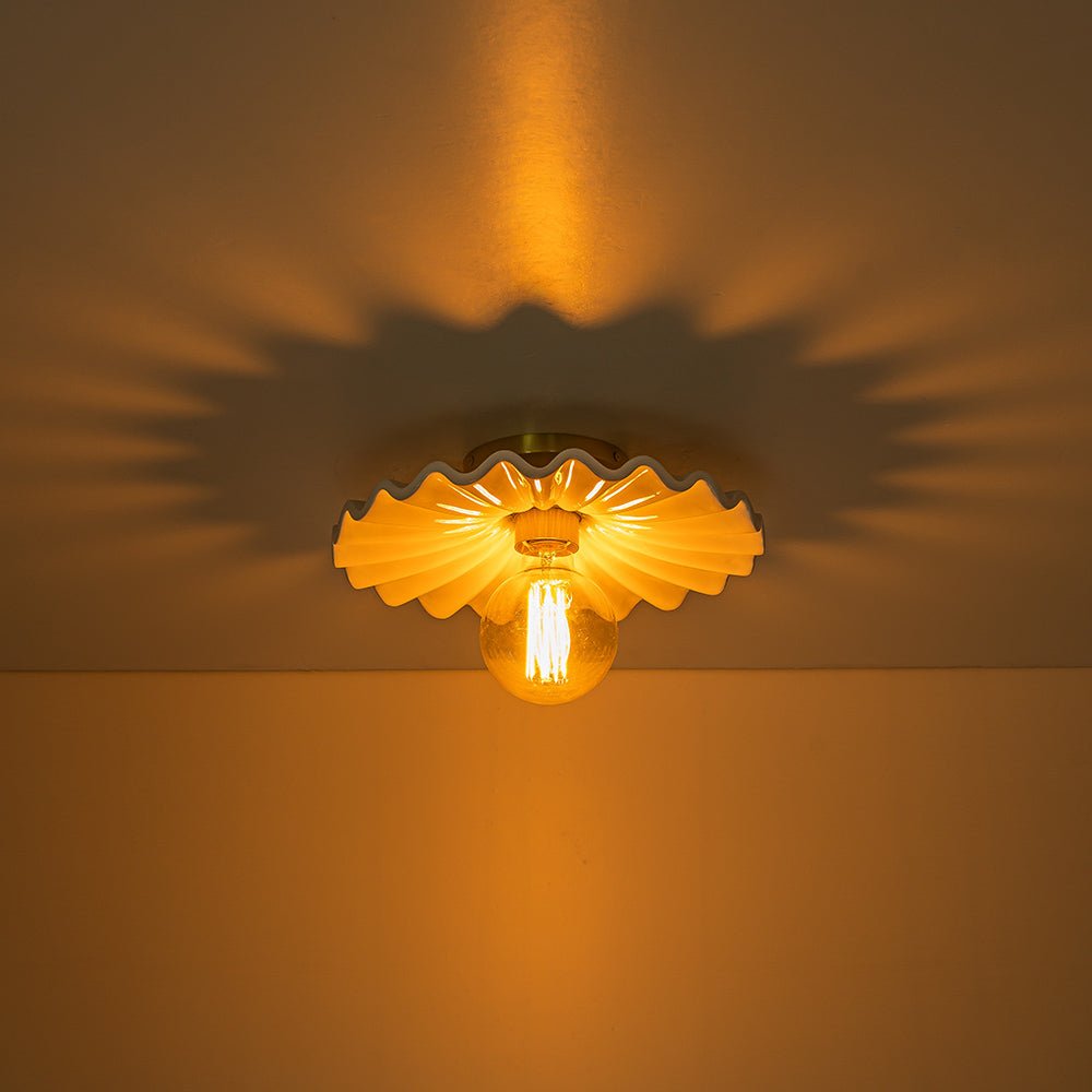 Textured Ceramic Semi-Flush Mount Light 12 Inch Cream with Brass Accent for Low Ceilings Bedroom Hallway Bathroom Dimmable E26 Socket Retro