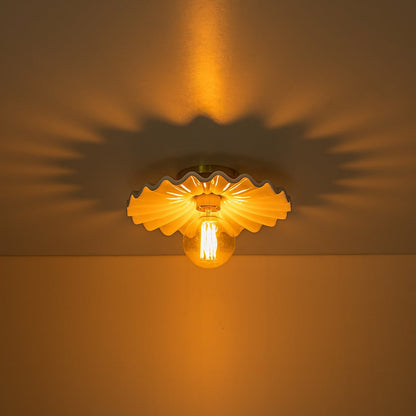 Textured Ceramic Semi-Flush Mount Light 12 Inch Cream with Brass Accent for Low Ceilings Bedroom Hallway Bathroom Dimmable E26 Socket Retro