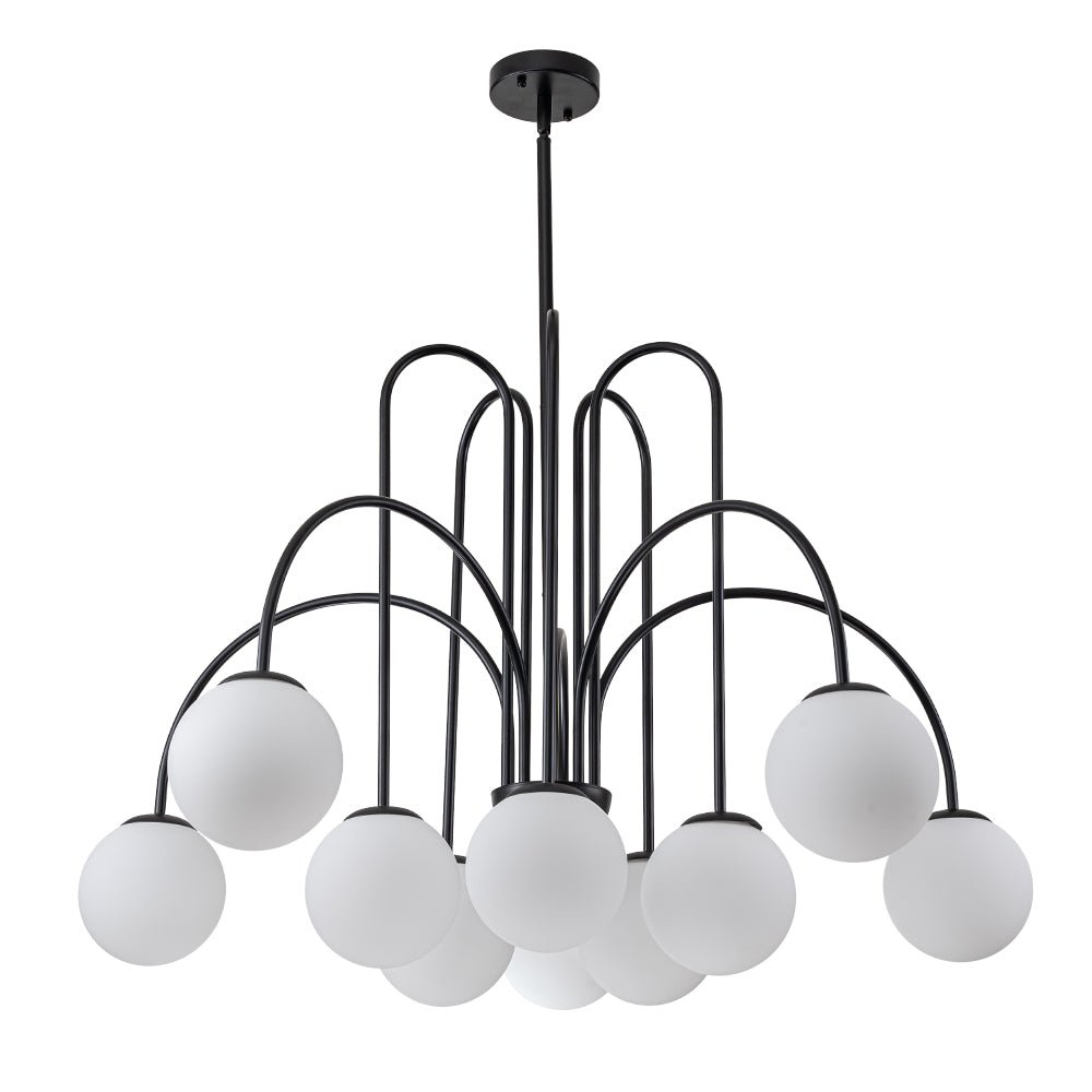 Ten-Globe Adjustable Chandelier 38.6 in Wide Frosted Glass Spheres Black Brass Chrome Modern Dining Room Foyer Statement Lighting Mid-Centur