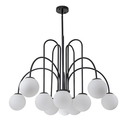 Ten-Globe Adjustable Chandelier 38.6 in Wide Frosted Glass Spheres Black Brass Chrome Modern Dining Room Foyer Statement Lighting Mid-Centur