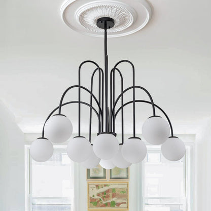 Ten-Globe Adjustable Chandelier 38.6 in Wide Frosted Glass Spheres Black Brass Chrome Modern Dining Room Foyer Statement Lighting Mid-Centur