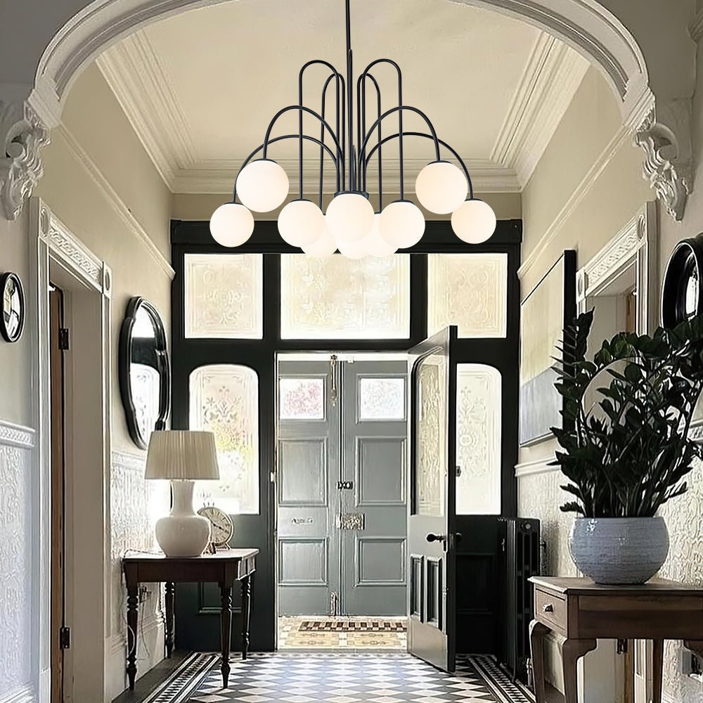 Ten-Globe Adjustable Chandelier 38.6 in Wide Frosted Glass Spheres Black Brass Chrome Modern Dining Room Foyer Statement Lighting Mid-Centur