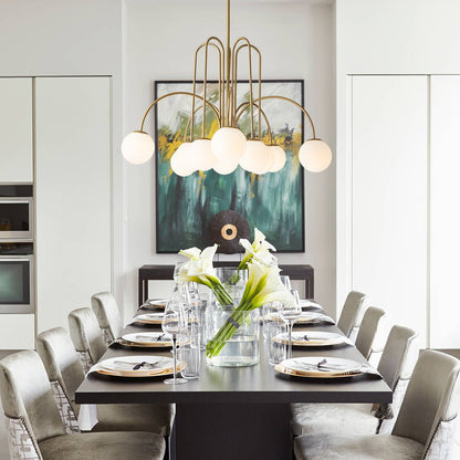 Ten-Globe Adjustable Chandelier 38.6 in Wide Frosted Glass Spheres Black Brass Chrome Modern Dining Room Foyer Statement Lighting Mid-Centur