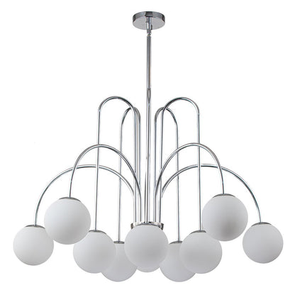 Ten-Globe Adjustable Chandelier 38.6 in Wide Frosted Glass Spheres Black Brass Chrome Modern Dining Room Foyer Statement Lighting Mid-Centur
