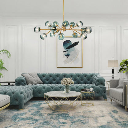 Mid-Century Modern Chandelier with 15 Blue Glass Orbs on Branching Arms for Dining Room & Living Room