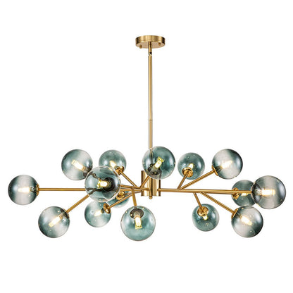 Mid-Century Modern Chandelier with 15 Blue Glass Orbs on Branching Arms for Dining Room & Living Room