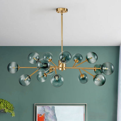 Mid-Century Modern Chandelier with 15 Blue Glass Orbs on Branching Arms for Dining Room & Living Room