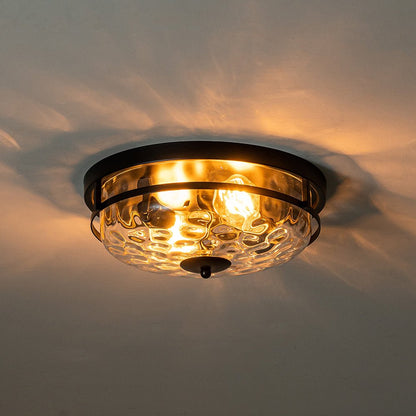 Textured Glass Flush Mount Fixture 13 in Round Two-Bulb Overhead Lighting for Bedrooms Entryways Low-Profile Farmhouse Style