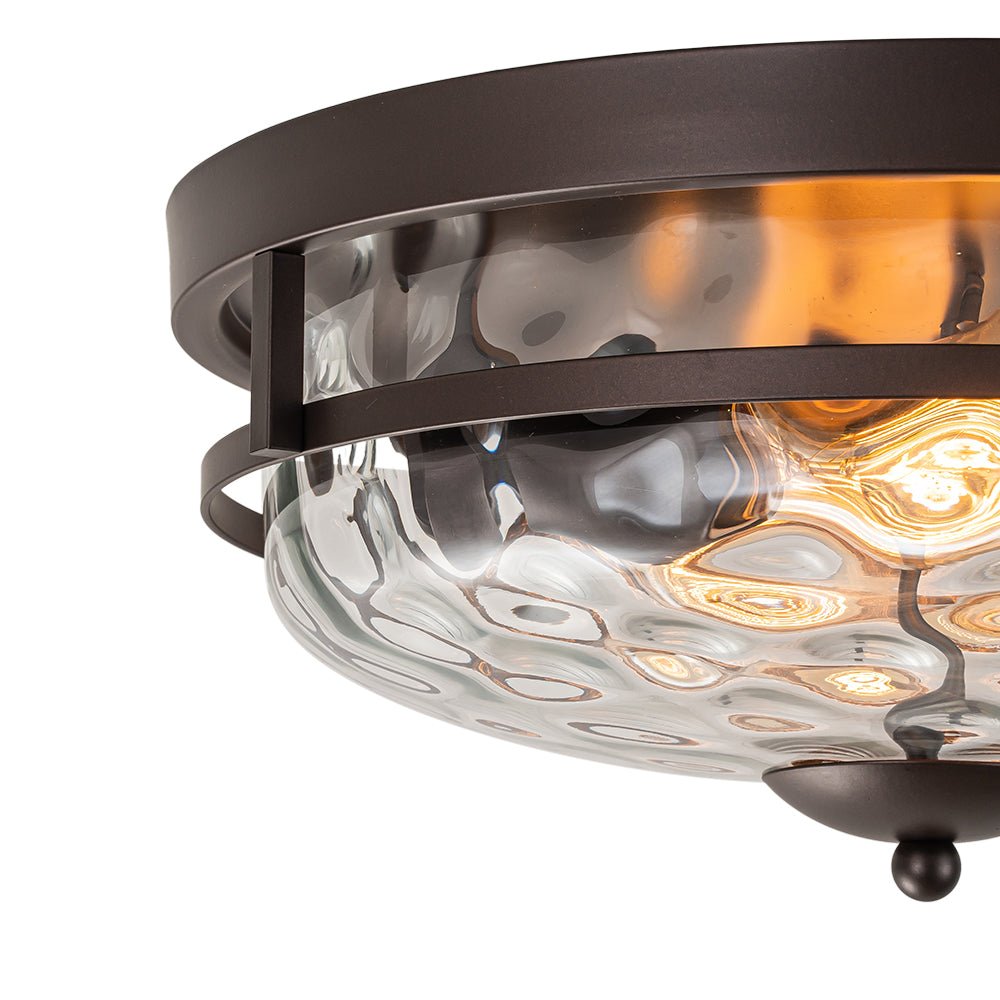 Textured Glass Flush Mount Fixture 13 in Round Two-Bulb Overhead Lighting for Bedrooms Entryways Low-Profile Farmhouse Style