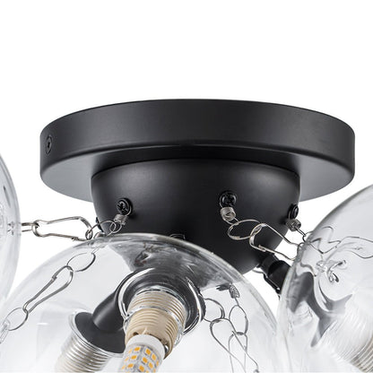 Clear Glass Globe Semi-Flush Ceiling Light, 3-Bulb Brushed Metal Cluster Fixture for Dining Room, Bedroom, Entryway, Bathroom