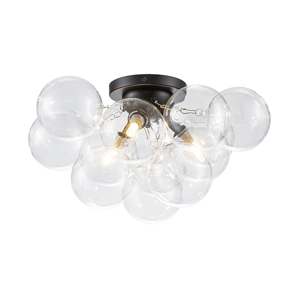 Clear Glass Globe Semi-Flush Ceiling Light, 3-Bulb Brushed Metal Cluster Fixture for Dining Room, Bedroom, Entryway, Bathroom