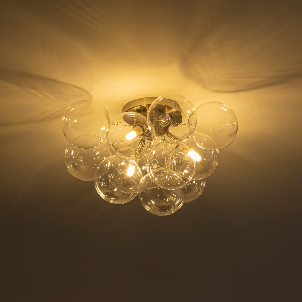 Clear Glass Globe Semi-Flush Ceiling Light, 3-Bulb Brushed Metal Cluster Fixture for Dining Room, Bedroom, Entryway, Bathroom