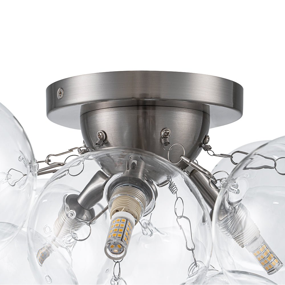 Clear Glass Globe Semi-Flush Ceiling Light, 3-Bulb Brushed Metal Cluster Fixture for Dining Room, Bedroom, Entryway, Bathroom
