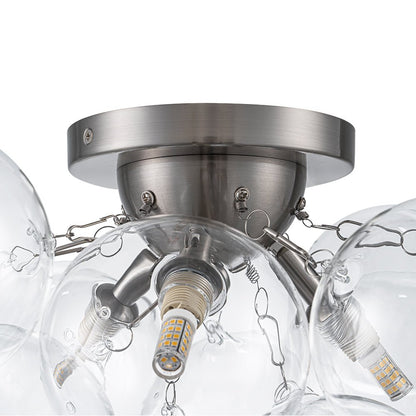 Clear Glass Globe Semi-Flush Ceiling Light, 3-Bulb Brushed Metal Cluster Fixture for Dining Room, Bedroom, Entryway, Bathroom