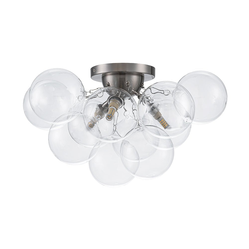 Clear Glass Globe Semi-Flush Ceiling Light, 3-Bulb Brushed Metal Cluster Fixture for Dining Room, Bedroom, Entryway, Bathroom
