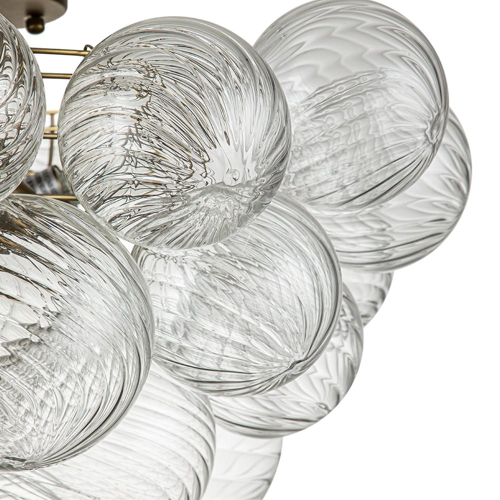 Three-Globe Ceiling Mount Fixture with Textured Glass Shades in Warm Metal Finish for Entry, Dining Room & Living Room