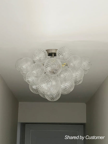 Three-Globe Ceiling Mount Fixture with Textured Glass Shades in Warm Metal Finish for Entry, Dining Room & Living Room