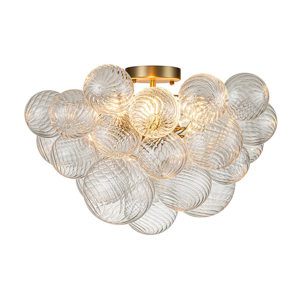 Three-Globe Ceiling Mount Fixture with Textured Glass Shades in Warm Metal Finish for Entry, Dining Room & Living Room