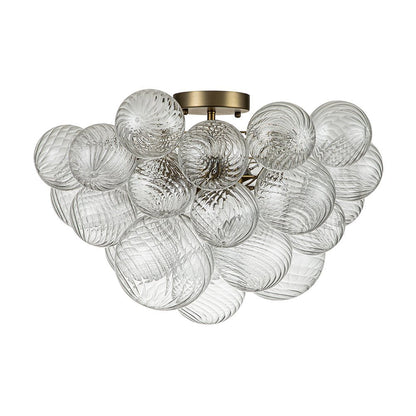 Three-Globe Ceiling Mount Fixture with Textured Glass Shades in Warm Metal Finish for Entry, Dining Room & Living Room