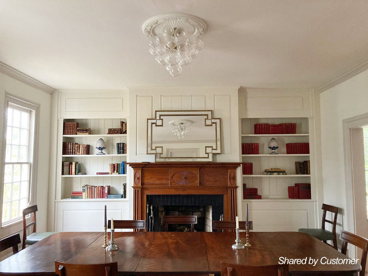 Three-Globe Ceiling Mount Fixture with Textured Glass Shades in Warm Metal Finish for Entry, Dining Room & Living Room