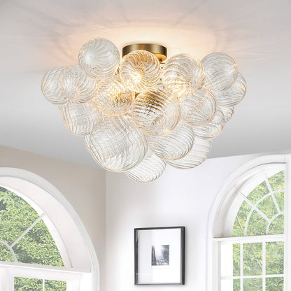 Three-Globe Ceiling Mount Fixture with Textured Glass Shades in Warm Metal Finish for Entry, Dining Room & Living Room
