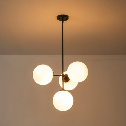 Four-Globe Frosted Glass Chandelier 24 in Brass or Black for Dining Table Kitchen Island Mid-Century Modern Adjustable Ceiling Light Fixture