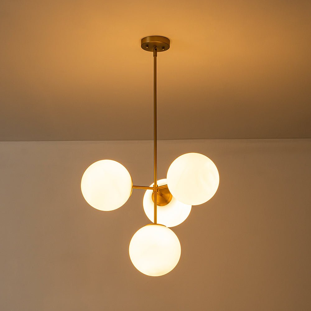 Four-Globe Frosted Glass Chandelier 24 in Brass or Black for Dining Table Kitchen Island Mid-Century Modern Adjustable Ceiling Light Fixture