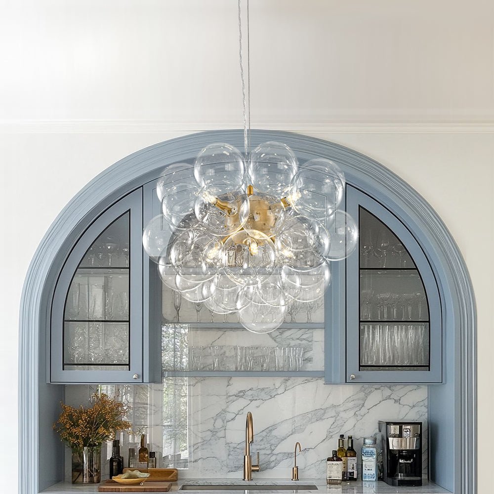 Multi-Sphere Glass Ceiling Fixture 20 in Brushed Metal Finish Adjustable Height 6-Light G9 for Dining Room Kitchen Island Contemporary Home